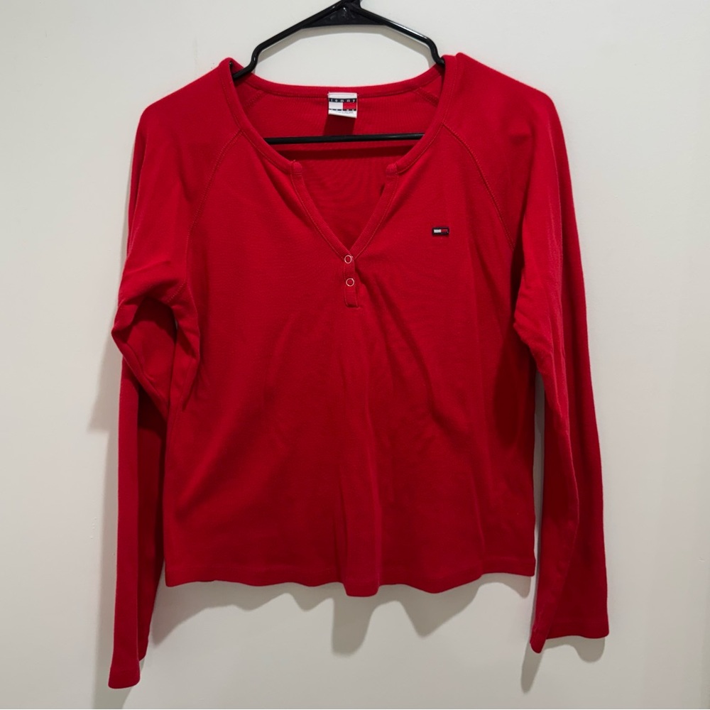Vintage Y2K Tommy Hilfiger Tommy Girl Jeans‎ Henley Top Red XL